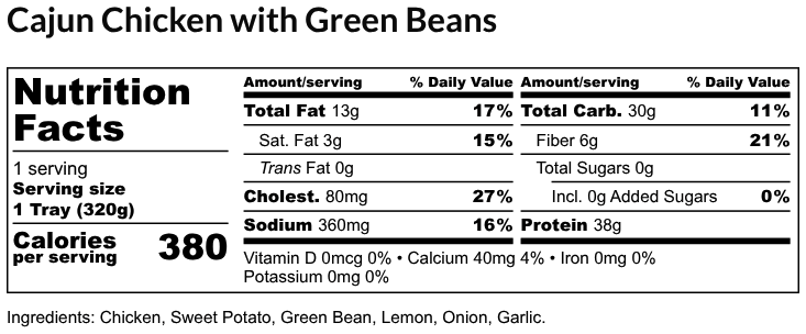 Nutritional Facts - Cajun Chicken with Green Beans 6oz